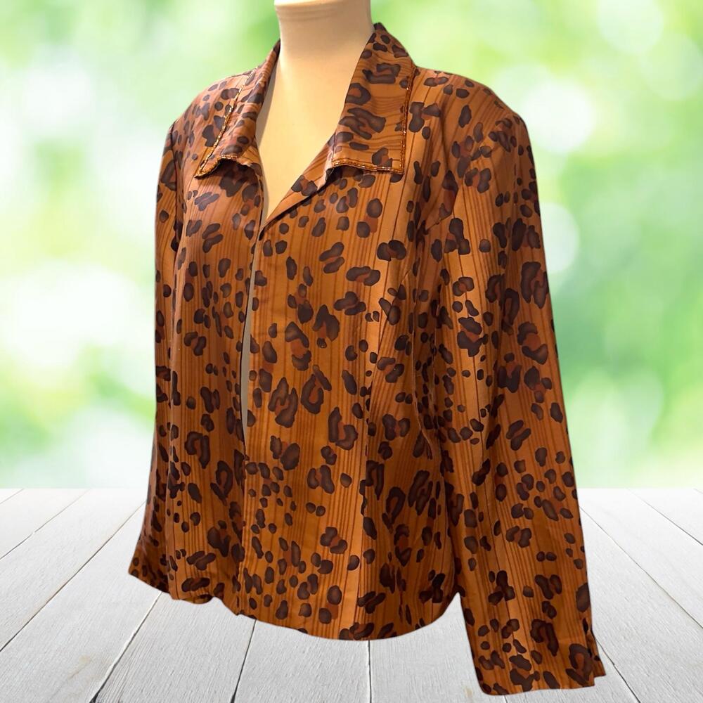 Vintage RUSSELL KEMP Silk Jacket Leopard Print Beaded Collar Open Front Womens L